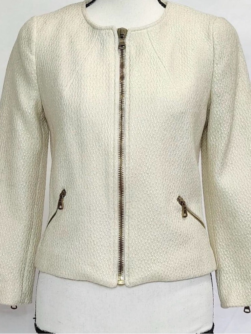 Zara Cream Textured Zip Jacket - Small